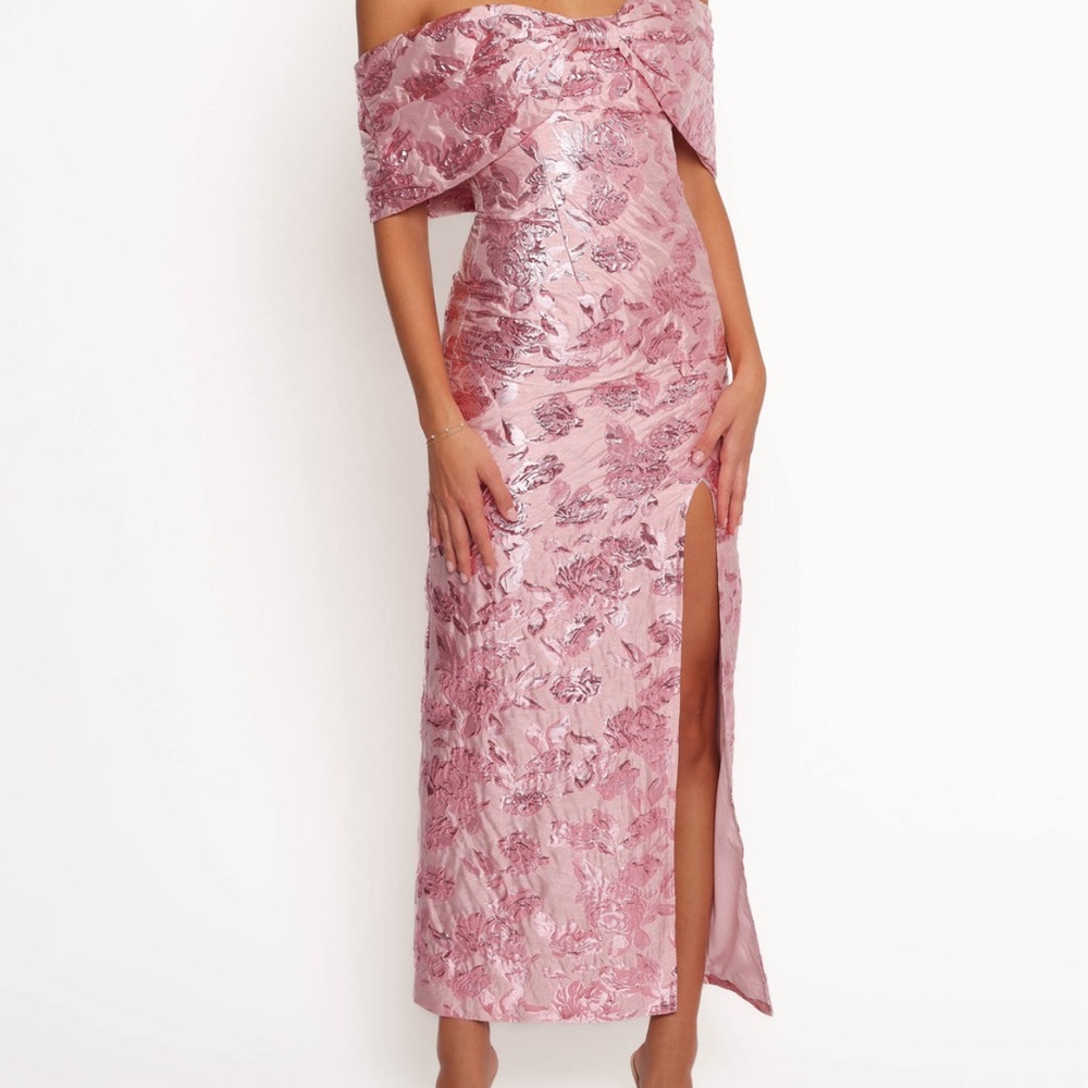 Petal & Pup Strapless Pink Floral Jacquard Midi Dress with Thigh Slit